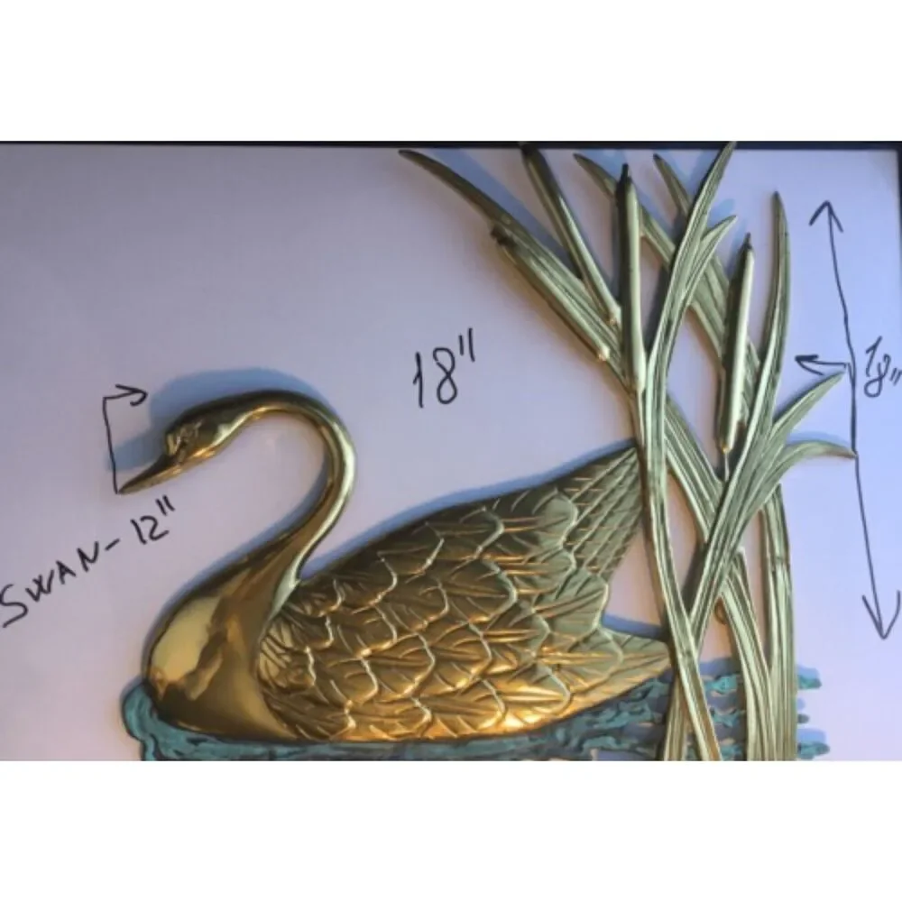 VTG Handmade Brass Wall Hanging Swan Large Water Scene Sculpture Artwildlife 18
